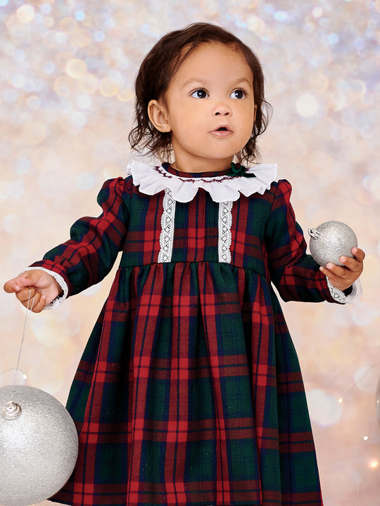 Sarah Louise Red Tartan Dress with Lace Trim