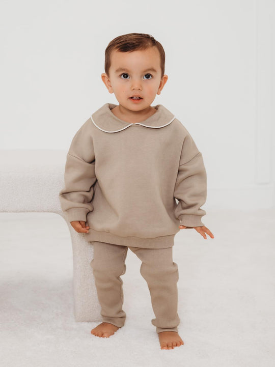 'Ari' Beige peter pan collar sweatshirt & ribbed legging set
