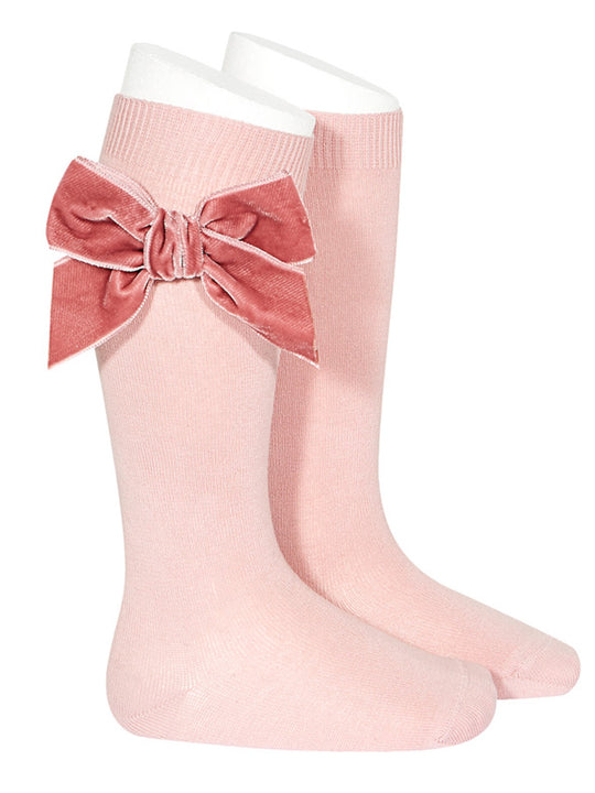 Condor Dusky pink velvet bow knee socks