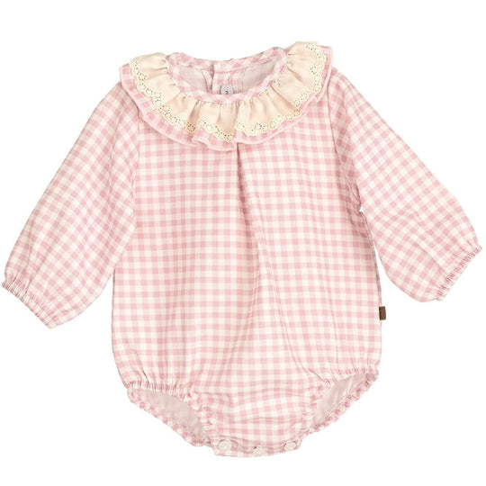Calamaro Pink Checked frill collar romper