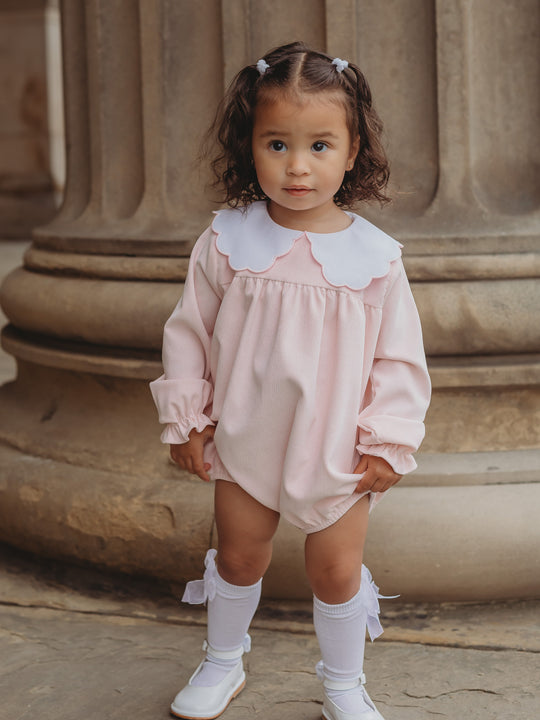 'Matilda' pink babycord scallop collar romper