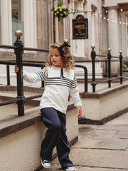 'Little Muse' Navy stripe statement collar knitted suit