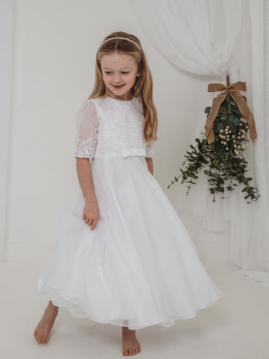 'Ava' White Embroidered Organza Communion Dress