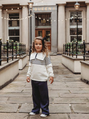 'Little Muse' Navy stripe statement collar knitted suit