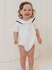 'Ernie' white & navy linen mix romper