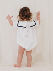 'Ernie' white & navy linen mix romper
