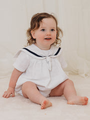 'Ernie' white & navy linen mix romper