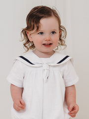 'Ernie' white & navy linen mix romper