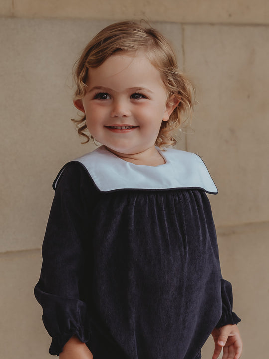'Samuel' Navy babycord sailor collar romper