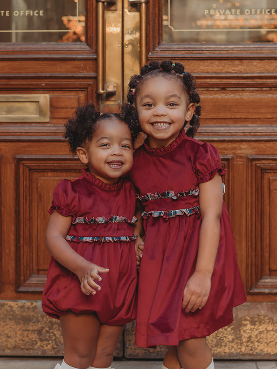 'Ruby' burgundy velvet & tartan dress