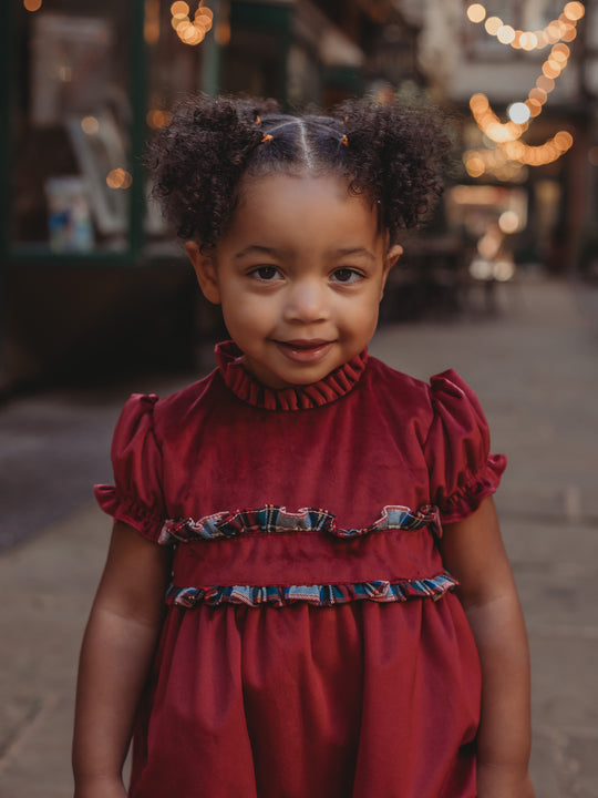 'Ruby' burgundy velvet & tartan romper