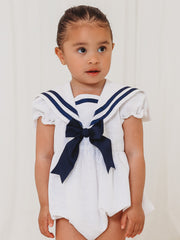 'Stella' white & navy linen mix bow romper