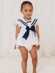 'Stella' white & navy linen mix bow romper
