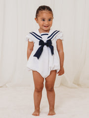 'Stella' white & navy linen mix bow romper