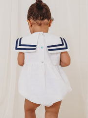 'Stella' white & navy linen mix bow romper