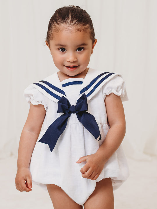 'Stella' white & navy linen mix bow romper