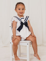 'Stella' white & navy linen mix bow romper
