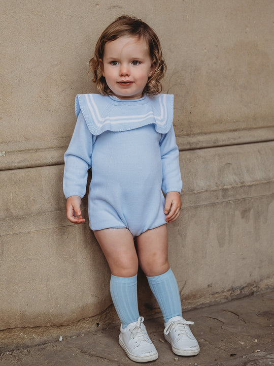 'Arthur' baby blue & white knitted romper with sailor collar