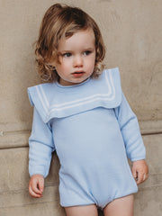 'Arthur' baby blue & white knitted romper with sailor collar