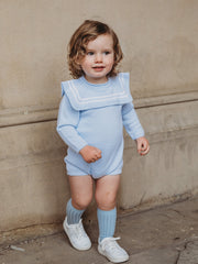 'Arthur' baby blue & white knitted romper with sailor collar