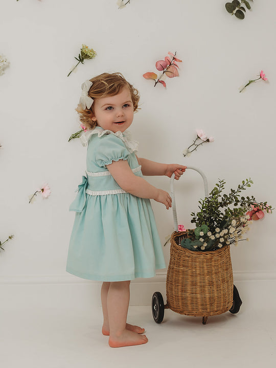 'Martha' Mint Green Embroidered and Frill Collar Dress