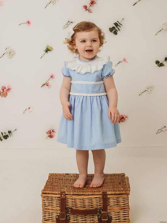 'Martha' Blue Embroidered and Frill Collar Dress