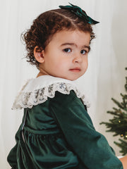 Holly Luxe Velvet Romper with statement lace collar