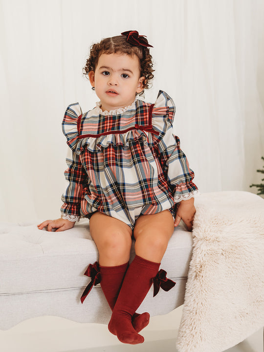 Noelle Tartan Romper with Burgundy Trim