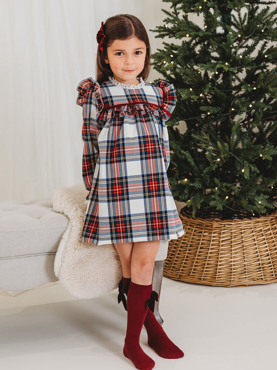 Noelle Tartan Dress with Burgundy Trim