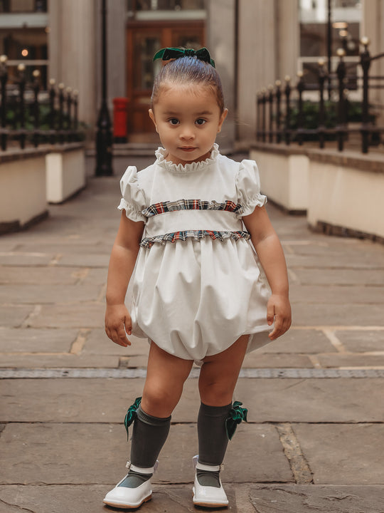'Angel' ivory velvet & tartan romper