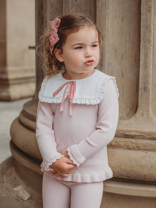 'Etta' pink knitted suit with bib collar