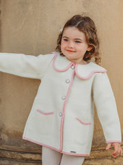 Marae Ivory & Pink scallop collar Merino Wool Coat