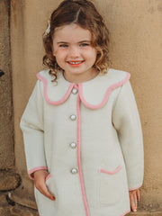 Marae Ivory & Pink scallop collar Merino Wool Coat