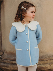Marae Blue Merino Wool Coat with Scalloped Collar - Rose & Albert