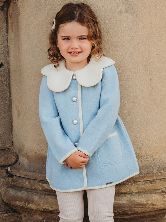 Marae Blue Merino Wool Coat with Scalloped Collar