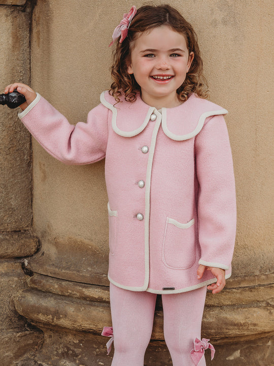 Marae Pink & ivory scallop collar Merino Wool Coat