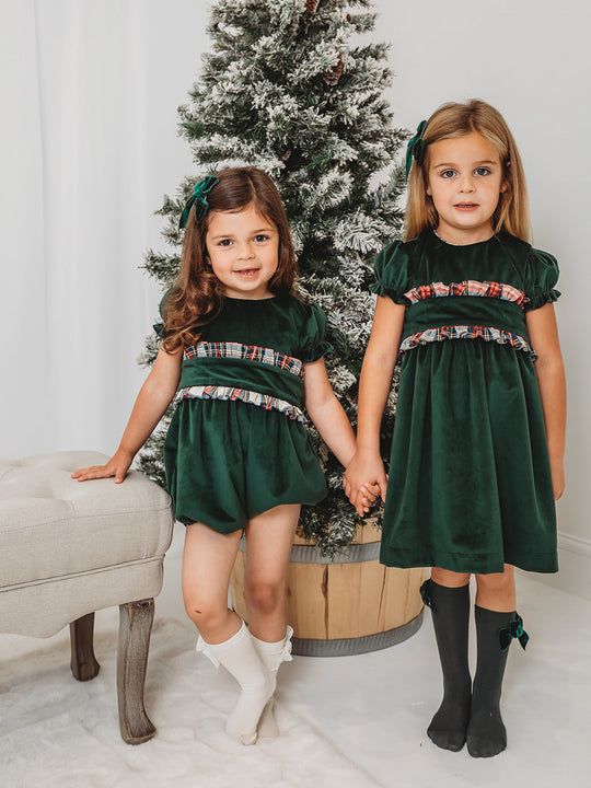 'Holly' green velvet & tartan dress