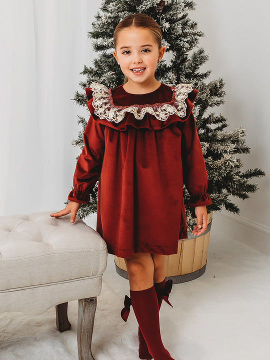 'Ruby' Burgundy Velvet & Gold Lace Collar Dress