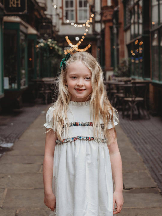 'Angel' ivory velvet & tartan dress