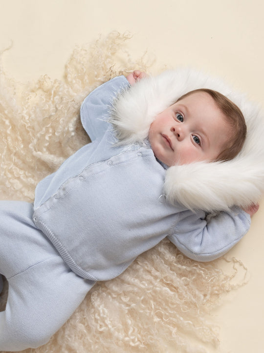Caramelo Kids Blue Knitted Tracksuit with Faux Fur Hood Trim