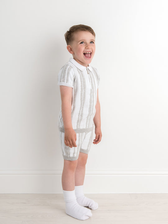 Caramelo Kids Grey Abstract Stripe Knitted Short Set