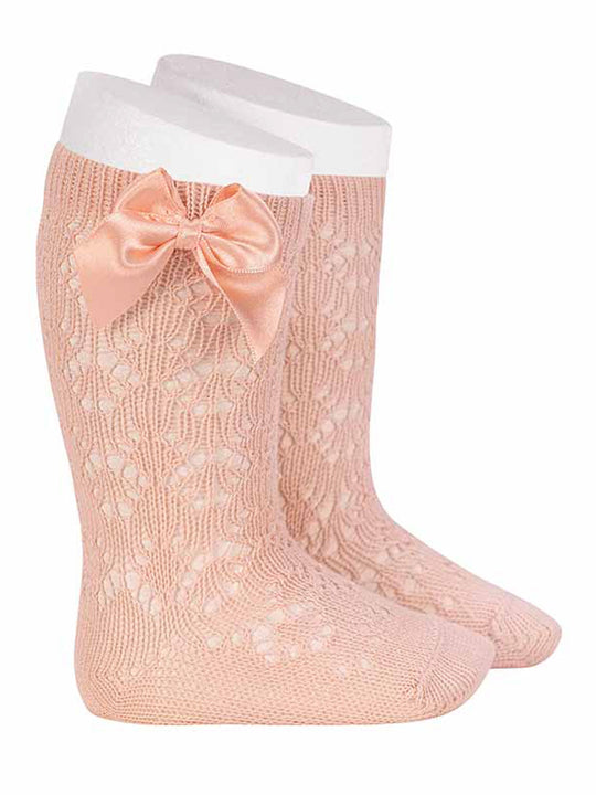 Condor peachy pink openwork knee socks with satin bow