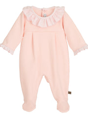 Calamaro Baby Pink Frill Collar Sleepsuit - Rose & Albert