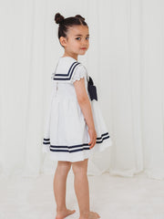 'Edie' white & navy linen mix bow dress