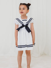 'Edie' white & navy linen mix bow dress