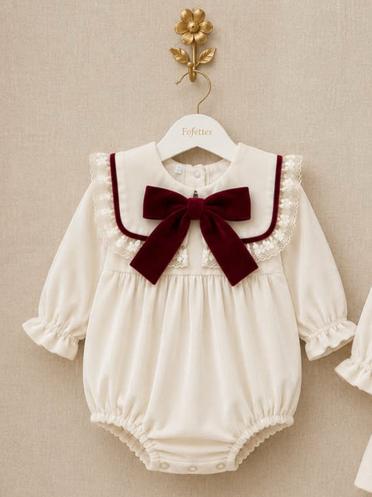 'Signature' ivory & burgundy statement collar velvet romper