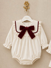 'Signature' ivory & burgundy statement collar velvet romper