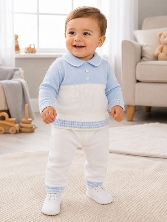 Pex 'Parker' white & blue 2 piece knitted suit