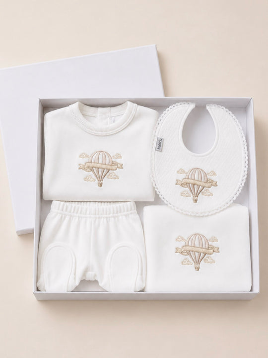 Luxe white hot air balloon embroidered gift set
