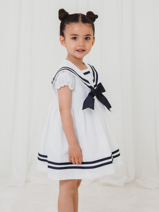 'Edie' white & navy linen mix bow dress